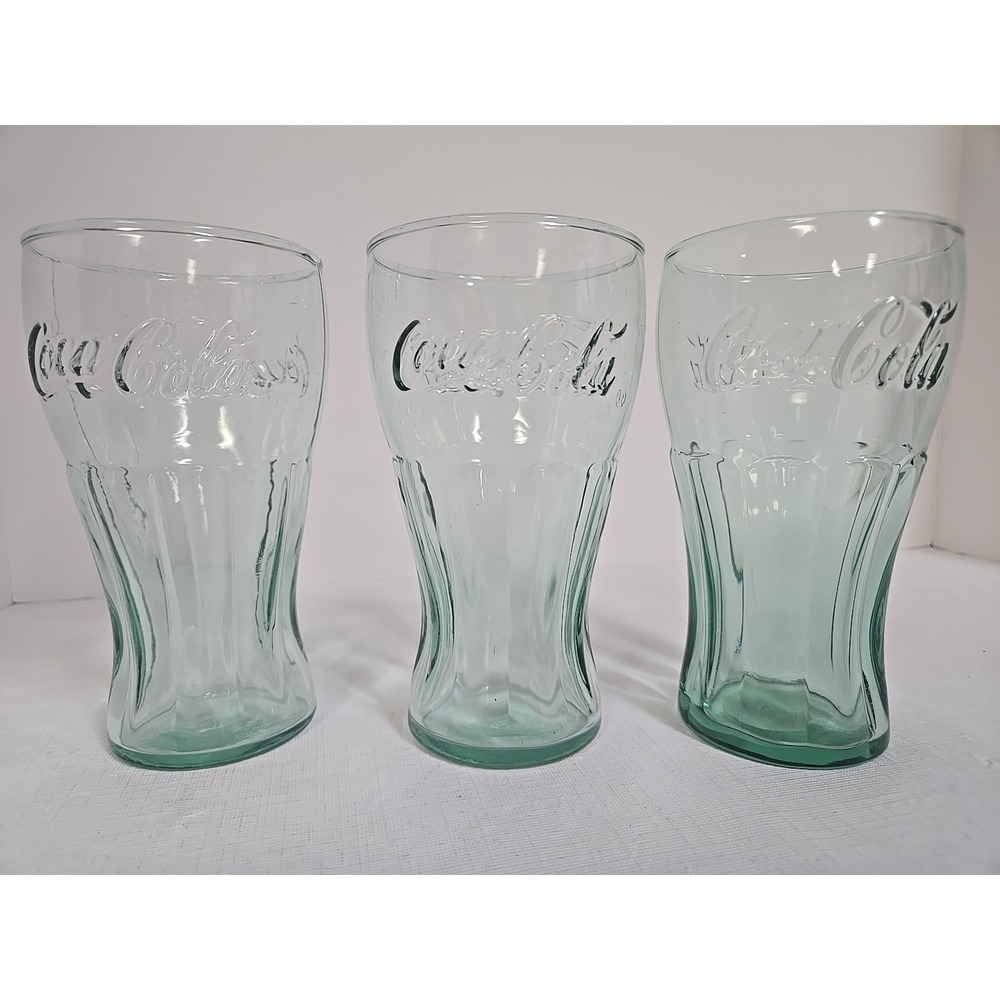 Lot of 3 Libbey Glass 16.75 Oz Flat Tumblers Coca Cola Genuine Green 6" Tall